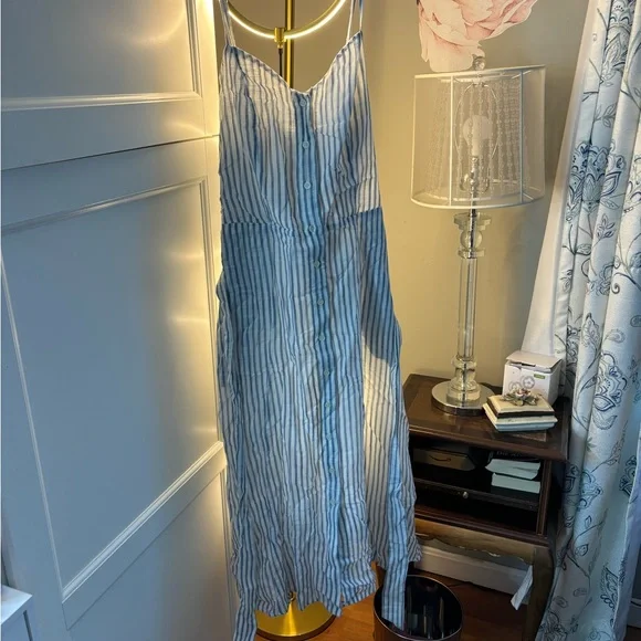blue and white striped spaghetti strap dress Staud Laura Linen Mini Dress in Seaport Stripe – Hampden Clothing main image 1